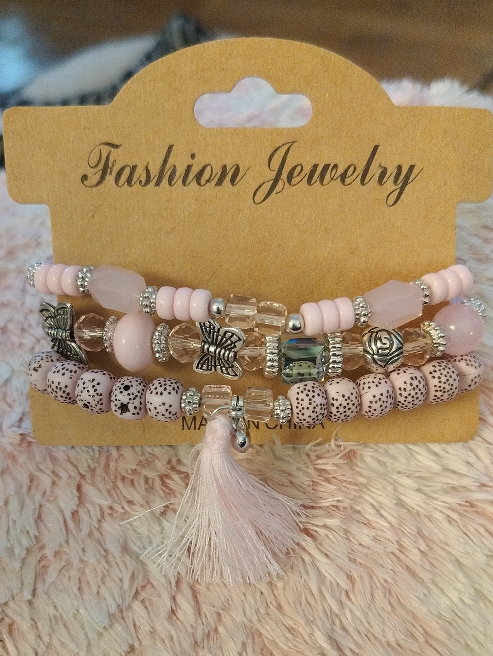 Fashion Jewelry Light Pink Beaded Charm Bracelet Stack with Tassel